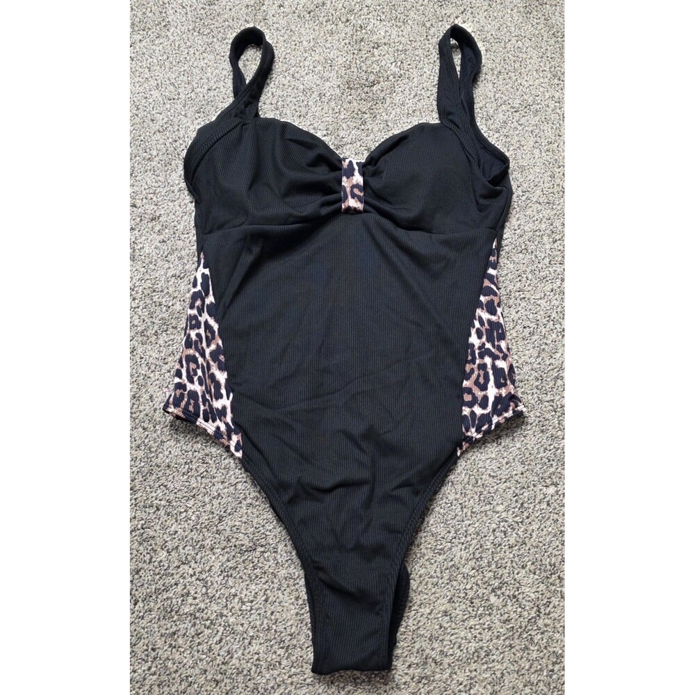 NWT Cupshe One Piece Swimsuit Size Large Black Cheetah Print Slimming Resort